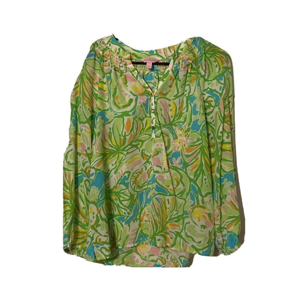 Lilly Pulitzer Blouse Top Womens Size XS Floral Seersucker Long Sleeve Green